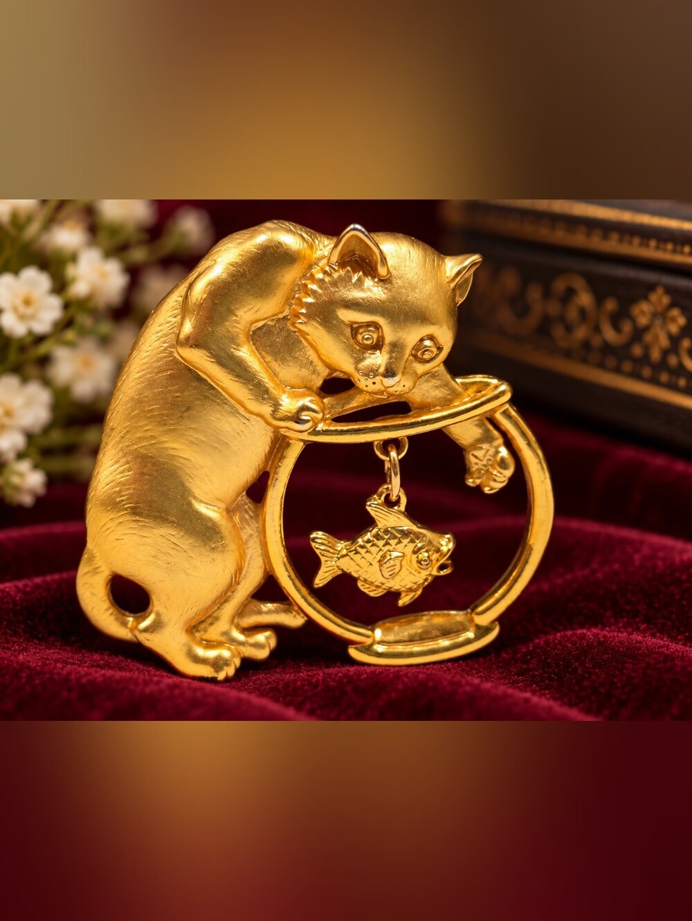 Vintage JJ Jonette Jewelry Gold Tone Cat Fishbowl Brooch Pin with Dangling Fish